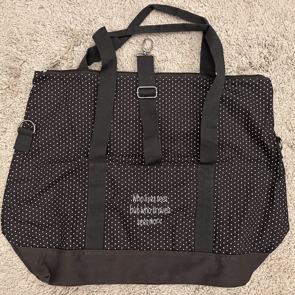 Thirty One Fold Over Weekender in Charcoal City Swiss Dot